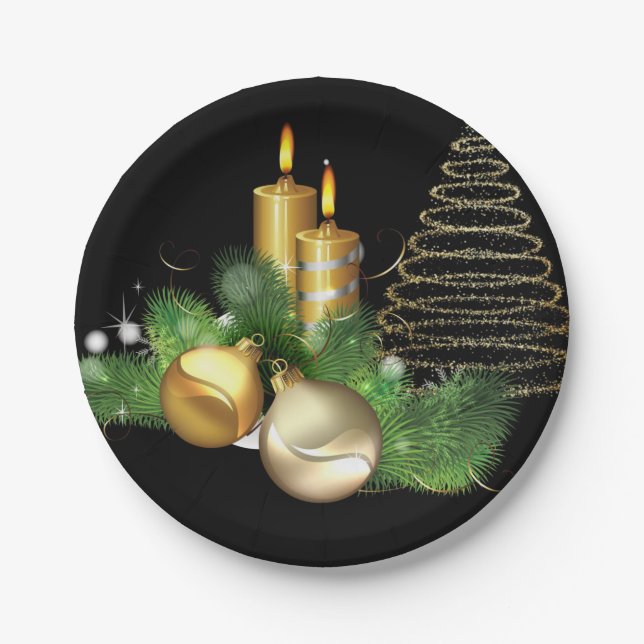 Weihnachtspapier-Teller, Goldkerze Pappteller (Vorderseite)