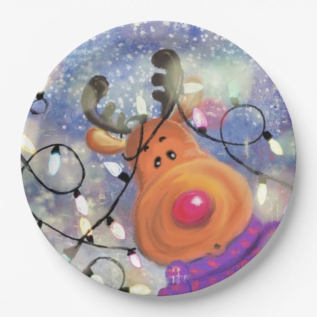 Weihnachtspapier-Teller Happy Reindeer Pappteller (Vorderseite)