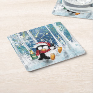 Weihnachtspapier-Untersetzer mit Happy Penguin Rechteckiger Pappuntersetzer