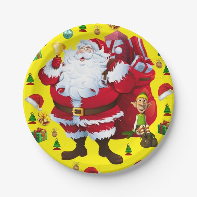 Weihnachtspapierteller, Weihnachtsmann, Elf Pappteller (Vorderseite)