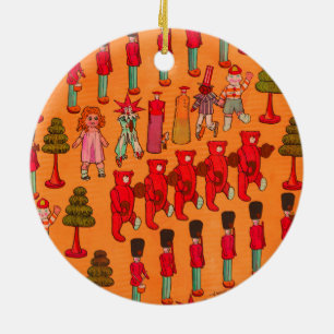 Weihnachtsparade mit Vintage-Spielzeug 1907 Puck-M Keramik Ornament
