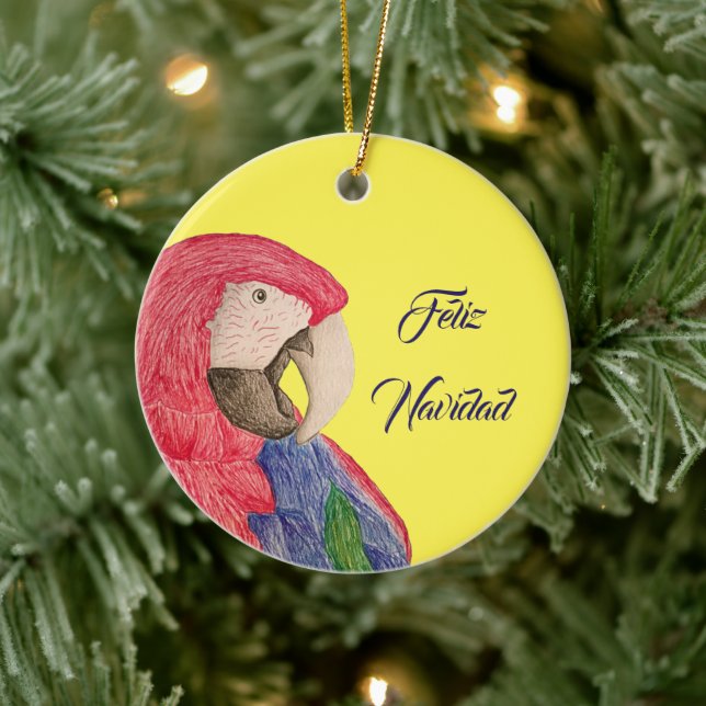 Weihnachtsparrot Feliz Navidad Macaw Reversible Keramik Ornament (Baum)