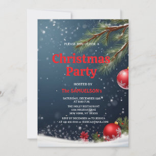 WEIHNACHTSPARTY grüner Baum und rote Kugeln Glitte Einladung