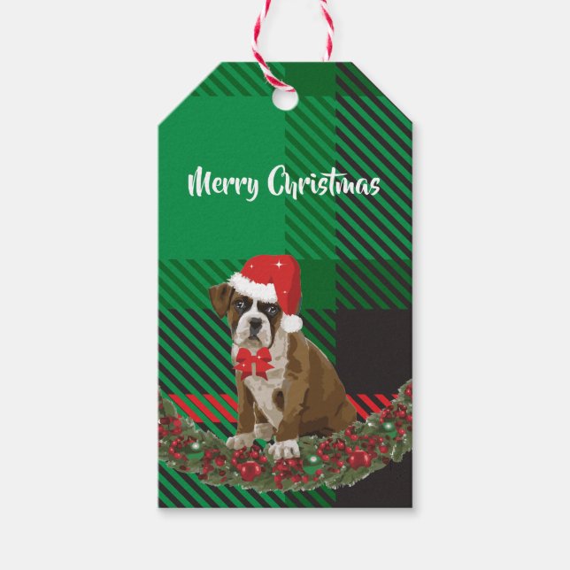 Weihnachtspass Hund mit Weihnachtsmannmütze Grün G Geschenkanhänger (Vorderseite)