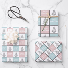 Weihnachtspastel Blau und Rosa Modernes Muster Geschenkpapier Set