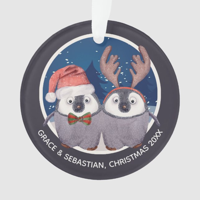 Weihnachtspenguin Couple Niedlicher Weihnachtsmann Ornament (Vorderseite)