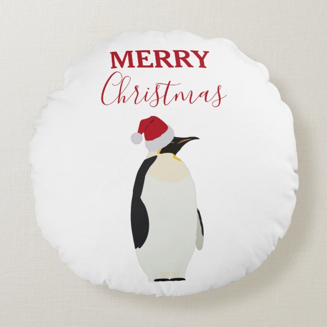 Weihnachtspenguin Funny Animal mit Weihnachtsmannm Rundes Kissen (Vorderseite)