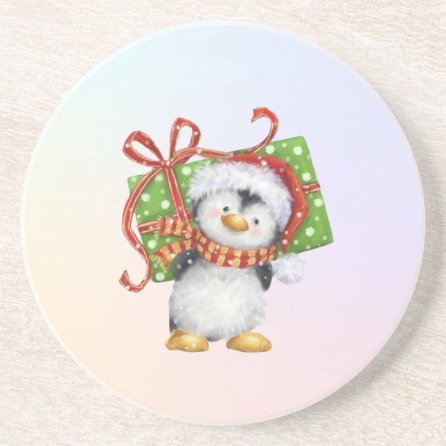 Weihnachtspenguin mit Geschenk - Feiertag Deko Getränkeuntersetzer (Vorne)