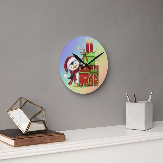 Weihnachtspenguin mit Geschenken - Festliche Fun-D Runde Wanduhr (Büro)