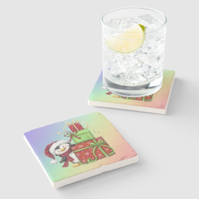 Weihnachtspenguin mit Geschenken - Festliche Fun-D Steinuntersetzer (Seitenansicht)