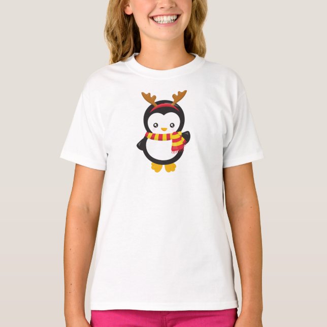 Weihnachtspenguin, Pinguin mit Scarf, Antler T-Shirt (Vorderseite)