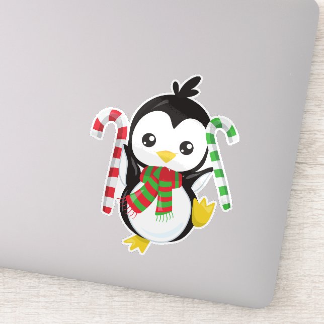 Weihnachtspenguin, Pinguin mit Scarf, Candy Cane Aufkleber (Detail)