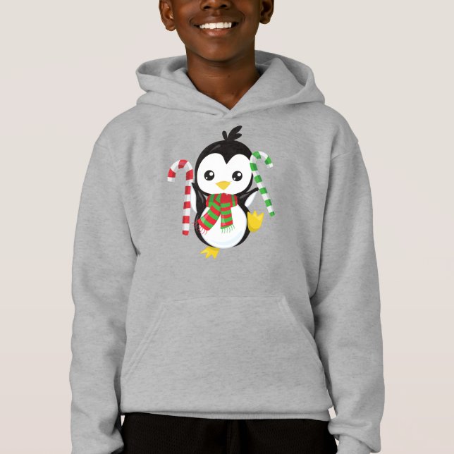 Weihnachtspenguin, Pinguin mit Scarf, Candy Cane Hoodie (Vorderseite)