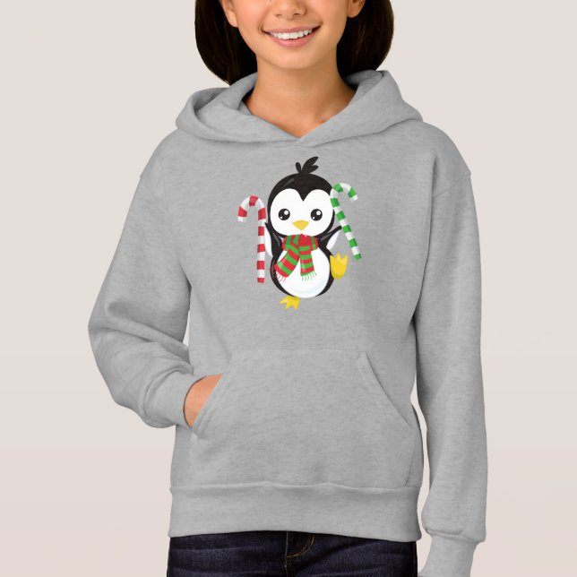 Weihnachtspenguin, Pinguin mit Scarf, Candy Cane Hoodie (Vorderseite)