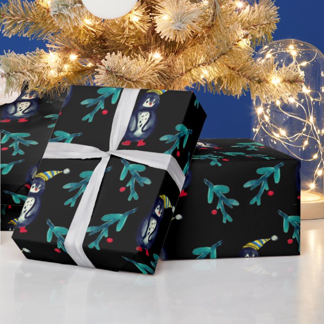 Weihnachtspenguin Watercolor Art Wrapping Paper Geschenkpapier (Feiertage)