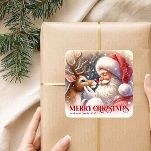 Weihnachtspersonalierter Weihnachtsmann und Rudolp Quadratischer Aufkleber