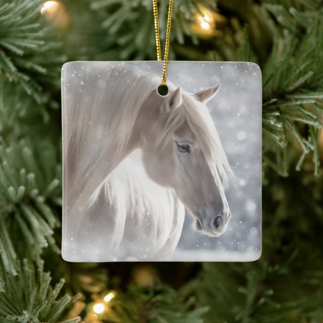 Weihnachtspferd in Snow Long White Mane Keramikornament (Baum)
