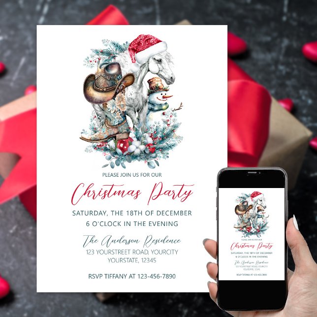 Weihnachtspferd in Weihnachtsmannmütze Cowgirl Cow Einladung (Horse cowgirl cowboy themed Christmas party invitation, horse lover Christmas, equestrian.)