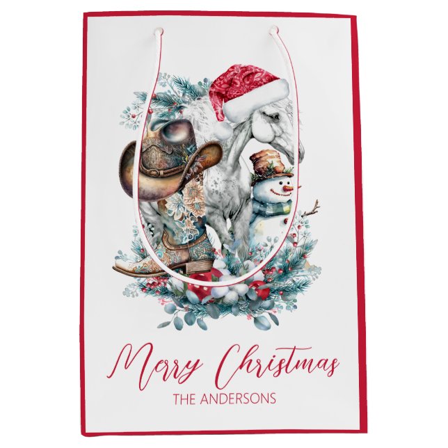 Weihnachtspferd in Weihnachtsmannmütze Cowgirl Cow Mittlere Geschenktüte (Vorderseite)