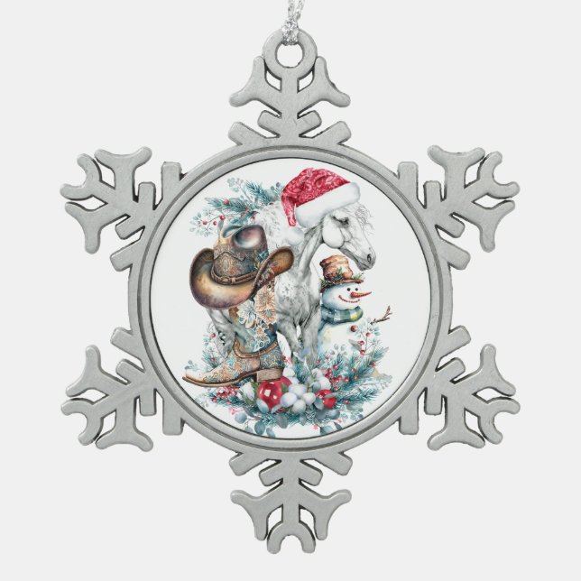 Weihnachtspferd in Weihnachtsmannmütze Cowgirl Cow Schneeflocken Zinn-Ornament (Vorderseite)