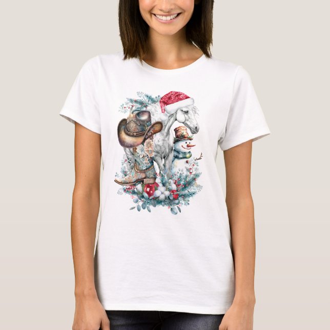 Weihnachtspferd in Weihnachtsmannmütze Cowgirl Cow T-Shirt (Vorderseite)
