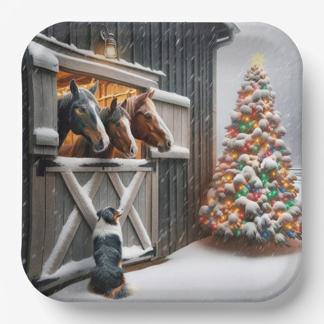 Weihnachtspferd mit australischem Schäferhund Pappteller (Vorderseite)