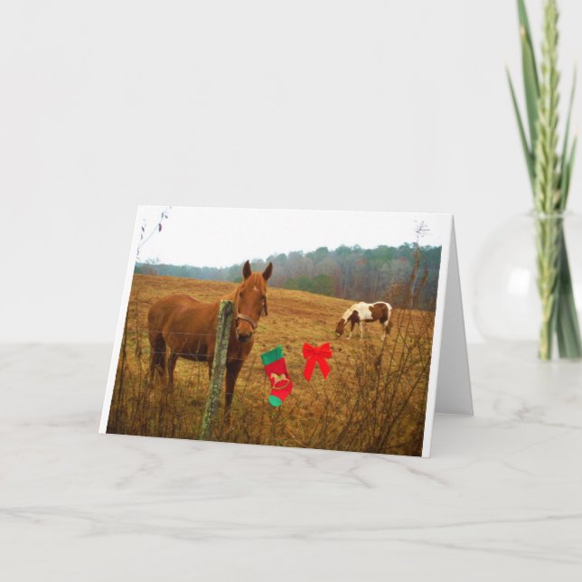Weihnachtspferd mit Bogen und Strumpf Feiertagskarte (Vorderseite)
