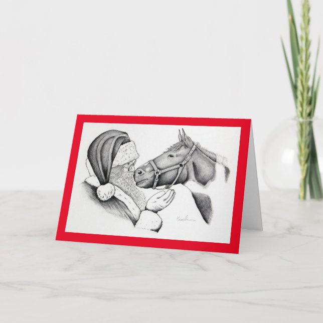 Weihnachtspferd und Weihnachtsmann Feiertagskarte (Vorderseite)