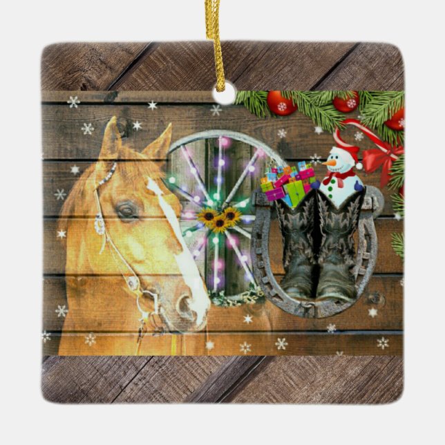 Weihnachtspferd Wagon Wheel Cowboy Boots Garland Keramikornament (Vorderseite)