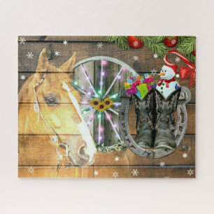 Weihnachtspferd Wagon Wheel Cowboy Boots Garland Puzzle