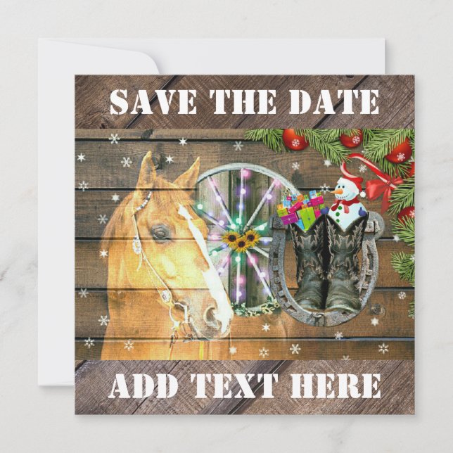 Weihnachtspferd Wagon Wheel Cowboy Boots Garland Save The Date (Vorderseite)