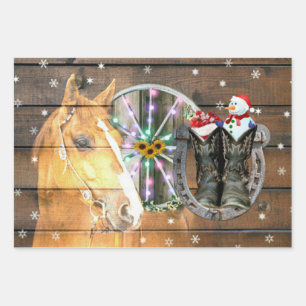 Weihnachtspferd Wagon Wheel Cowboy Stiefel Horsesh Geschenkpapier Set