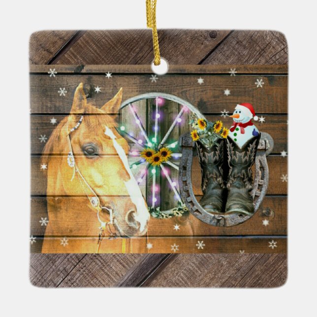 Weihnachtspferd Wagon Wheel Cowboy Stiefel Horsesh Keramikornament (Vorderseite)