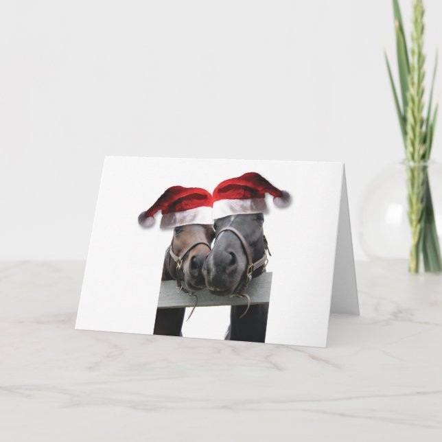 Weihnachtspferde mit Weihnachtsmannmützen Feiertagskarte (Vorderseite)