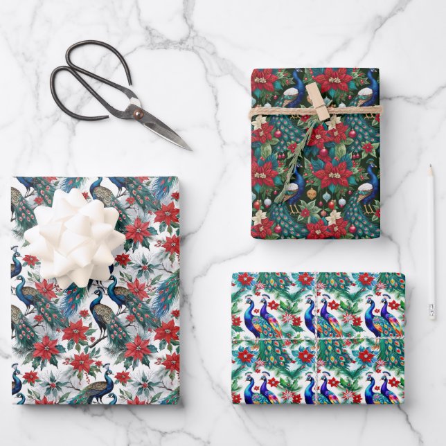 Weihnachtspferde und -poinsettias geschenkpapier set (Vorderseite)