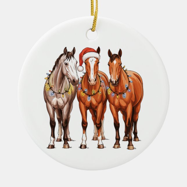 Weihnachtspferde Western Cowboy Weihnachtsmannmütz Keramik Ornament (Vorne)