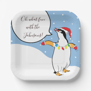 Weihnachtspinguin beim Skifahren Pappteller