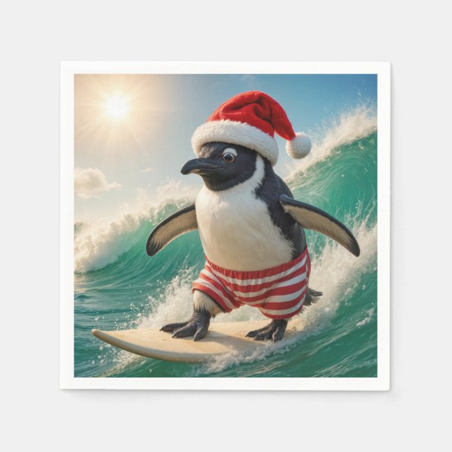 Weihnachtspinguin, der auf einer Meereswelle surft Serviette (Vorderseite)
