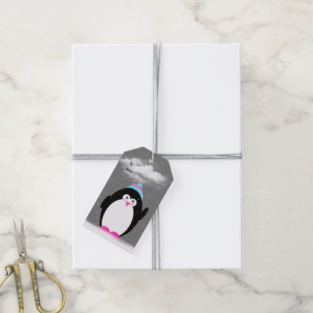 Weihnachtspinguin in Schneeflocken Geschenkanhänger (Mit Garn)