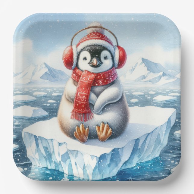 Weihnachtspinguin in Schneeflocken Pappteller (Vorderseite)