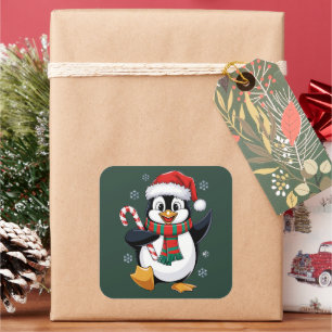 Weihnachtspinguin mit Bonnet und Zuckerrohr Quadratischer Aufkleber