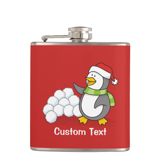 Weihnachtspinguin mit Schneebälle schwingen Flachmann (Vorderseite)