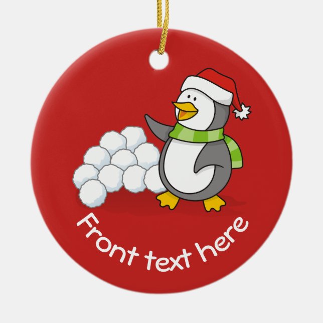 Weihnachtspinguin mit Schneebälle schwingen Keramikornament (Vorne)