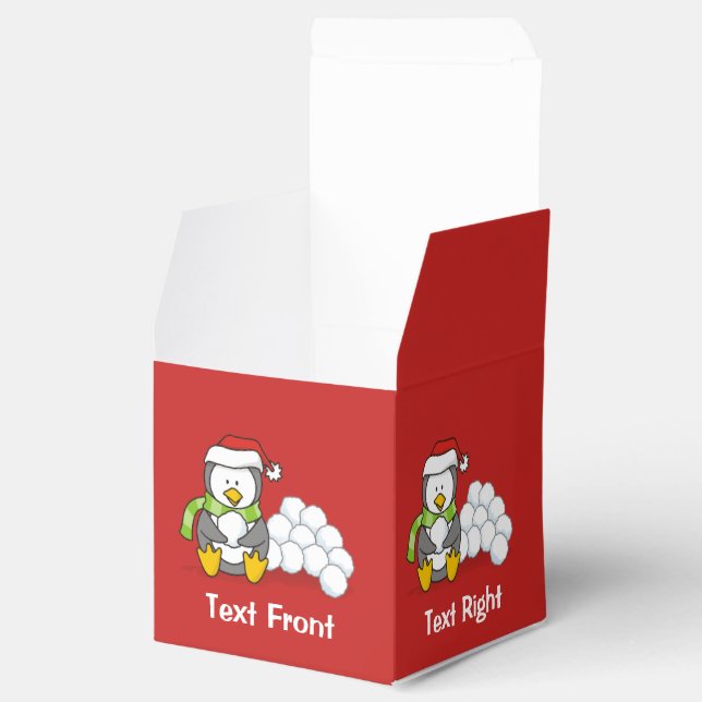 Weihnachtspinguin sitzend mit Schneebälle Geschenkschachtel (Geöffnet)