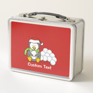 Weihnachtspinguin sitzend mit Schneebälle Metall Lunch Box