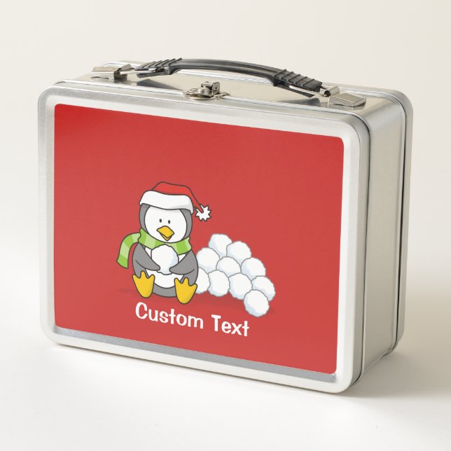 Weihnachtspinguin sitzend mit Schneebälle Metall Lunch Box (Vorderseite)