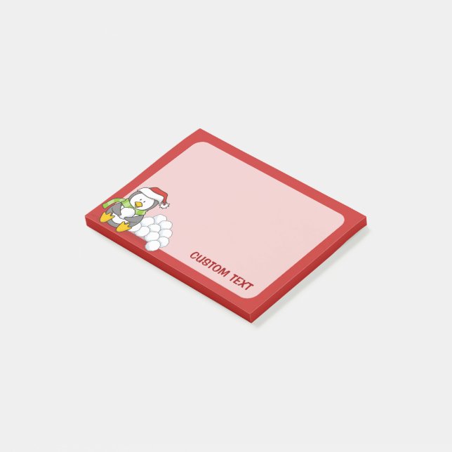 Weihnachtspinguin sitzend mit Schneebälle Post-it Klebezettel (angewinkelt)