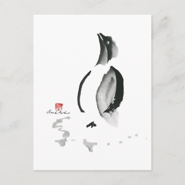 WeihnachtsPinguin, Sumi-e Feiertagspostkarte (Vorderseite)