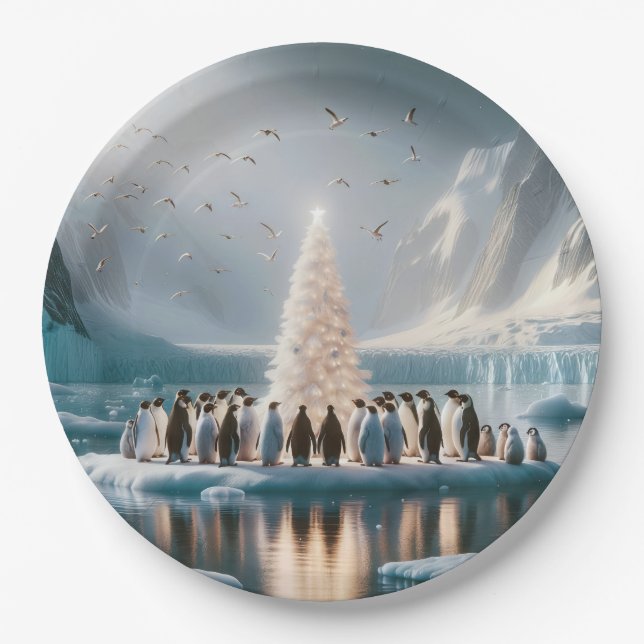 Weihnachtspinguine-Ansammlung rund um einen Baum Pappteller (Vorderseite)