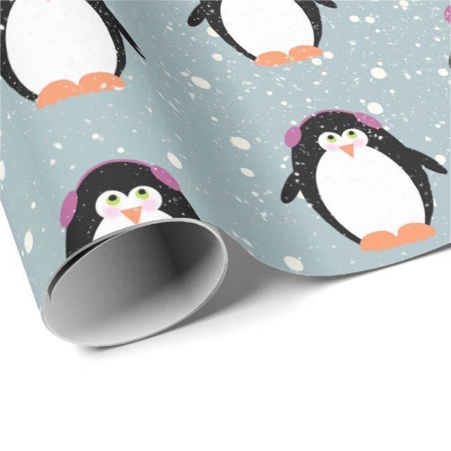 Weihnachtspinguine in Schneeflocken Geschenkpapier (Rolleneckpunkt)